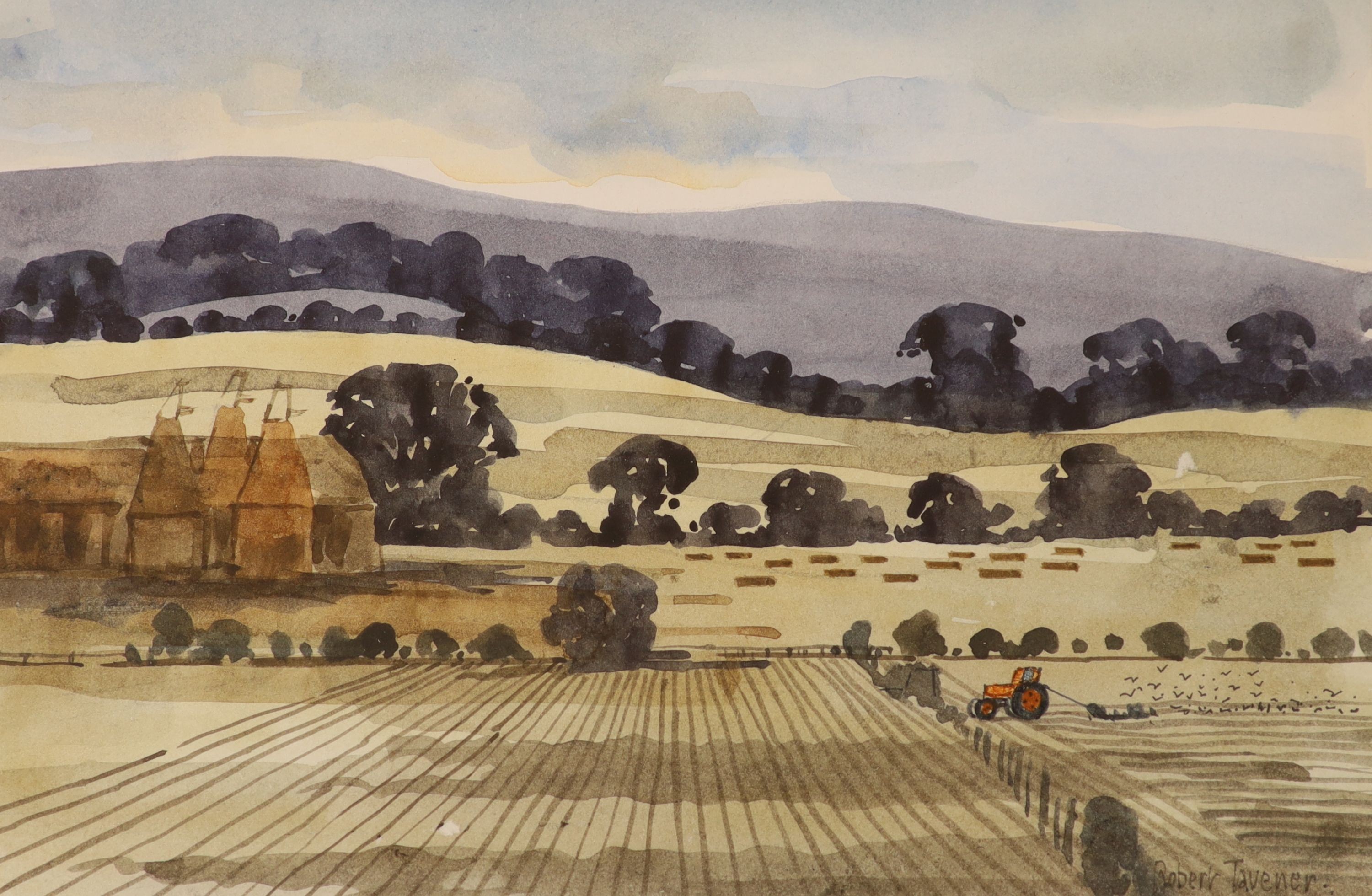 Robert Tavener (1920-2004), watercolour, 'Oast houses and cornfield', signed, with Bankside Gallery label verso, 16 x 24cm